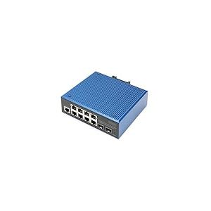 DIGITUS Commutateur réseau PoE - 10 Ports Gigabit Ethernet - 8X RJ45 + 2X SFP - IP40 - L2 géré - 10/100/1000 Mbit/s - Montage sur Rail DIN - série Industrielle - Noir/Bleu