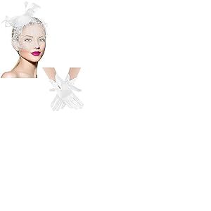 Geyoga Chapeau Bibi des ann&eacute;es 50 pour Femme, Chapeau fun&eacute;raire, pilulier, Cocktail, th&eacute;, f&ecirc;te et Gant en Dentelle (Blanc, Style &eacute;l&eacute;gant), Blanc