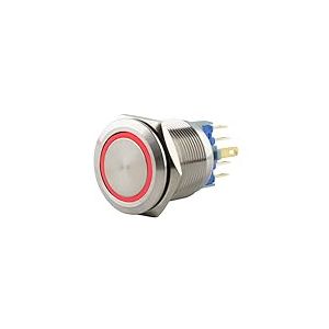 SeKi Bouton poussoir en acier inoxydable - Diamètre : 22 mm - Forme de tête plate - Anneau LED coloré - Œillets à souder rouges - Connecteur 0,5 x 2,8 mm - Bouton de sonnette