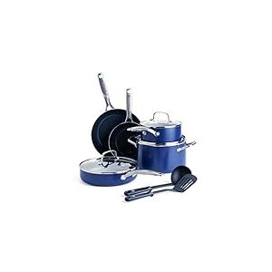 Blue Diamond Batterie de Cuisine avec Revêtement Antiadhésif en Céramique Renforcé avec des Diamants, Set de 10 Poêles et Casseroles, Sans PFAS, Va au Lave-vaisselle et au Four, Bleu