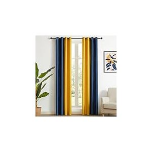 PRIMROSE Lot de 2 Rideaux occultants en Lin à Isolation Thermique avec œillets pour Salon, Chambre à Coucher, Bleu Marine, Jaune, 274,3 cm de Long
