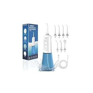 SURFOU Jet Dentaire Hydropulseur et Irrigateurs 6 Pression D'eau 7 Embouts, Cadeaux de Noël IPX7 Etanche, USB Rechargeable et Réservoir D'eau 300 ML pour Voyage et Utilisation à la Maison, Blanc, bleu