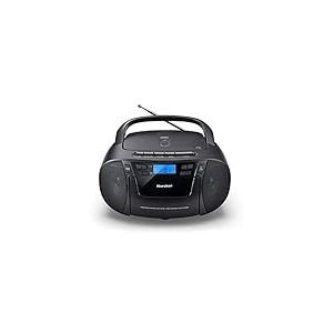 Karcher Radio CD portable RR 5045 (Boombox avec lecteur CD, cassette, radio FM, fonctionnement en réseau, entrée USB et auxiliaire), noir