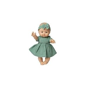 Heless 54022 - Poup&eacute;e b&eacute;b&eacute; Fille avec Robe en Mousseline Vert Sauge et Bandeau Assorti, 100% Coton Bio, poup&eacute;e de Taille 34 cm