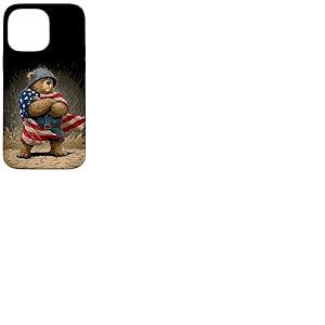 Costume d'ours en Casque Militaire et Drapeau américain Coque pour iPhone 14 Pro Max