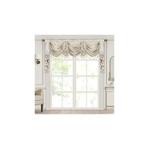 Loom and Mill Cantonnière de Luxe en Jacquard pour Salon, Chambre à Coucher, cantonnière de fenêtre damassée Florale avec Pompons, Beige nacré pour décoration de Banquet, Vacances (200 cm, 1 Panneau)