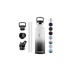 Vikaster Water bottle - Thermos 0.5l, Gourde Avec Paille, Gourdes Sans BPA, Gourde Enfant & Adulte pour Sport, &eacute;cole, Bureau, Gym, Voyage, Blanc - Noir