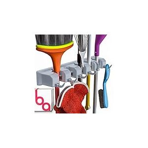 Berry Ave Support mural pour balais et outils de jardin, rangement de placard, étagère de cuisine, organisation de la maison et organisateur de garage pour poignées de râteau ou de balai jusqu'à 3,2 cm, crochet plus 6 crochets (gris)