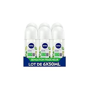 NIVEA NATURALLY GOOD Déodorant Femme Aloe Vera Bio Bille (lot de 6 x 50 ml), déodorant avec 95% d’ingrédients d’origine naturelle, roll-on fraîcheur 24h