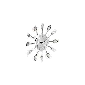 relaxdays Horloge Murale Couverts, Montre de Cuisine cuillères & fourchettes, Ø 31 cm, métal, à Pile, sans Bruit, Argent