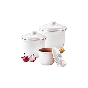 R&ouml;mertopf Lot de 3 pots fra&icirc;cheur en c&eacute;ramique pour ail, oignons et pommes de terre - Argile respirante pour garder les l&eacute;gumes frais plus longtemps - Blanc