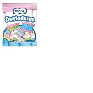 Vidal Dents originales en blanc, bleu, vert et jaune Bonbon en caoutchouc en forme de dentier, sans gluten et sans graisse - Sachet de 250 u