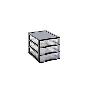 SUNDIS Tag Tower, petite tour de rangement en plastique noir, 3 tiroirs transparents format A6, hauteur 17 cm, superposable, idéale rangement cosmétiques, bijoux, accessoires, fournitures