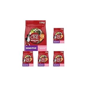 PURINA ONE Medium/Maxi >10kg | Adultes | Sensitive | Croquettes Riches en Saumon pour Chiens| Sac de 2,5kg (Lot de 5)