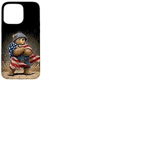 Costume d'ours en Casque Militaire et Drapeau américain Coque pour iPhone 15 Pro Max
