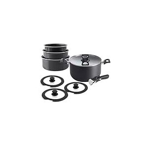 QDESIGN Batterie de cuisine 9 pièces - casseroles + marmite + couvercles + poignée amovible | Aluminium Anti-adhésif tous feux dont induction, Compatible four, lave-vaiselle, frigo, Noir - Empilables