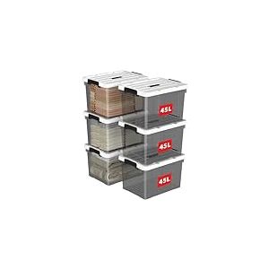 Cetomo 45L*6 Boîte de Rangement, Bac de rangement avec Poignée, Plastique Organisateur avec Couvercle, Empilable, Transportable, pour Vêtements, Bureau, Dortoirs, Transparent Noir, 45L - Lot de 6