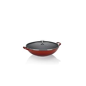 kela Wok en fonte avec couvercle en verre 36 cm CALIDO, Wok à induction, poêle à wok avec couvercle, émaillé, rouge
