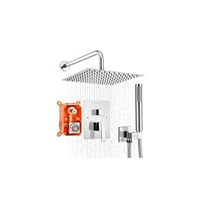 VEVOR Ensemble de Robinetterie de Douche Encastrable, Syst&egrave;me de Douche de Pluie avec Pommeau de T&ecirc;te Carr&eacute; 25,4 cm, Douchette &agrave; Main et Kit de Garniture, Fixation Murale, Salle de Bain, Argent Chrom&eacute;