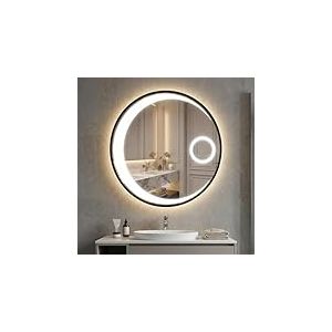 FANTASK Miroir de Salle de Bain LED avec &eacute;clairage 60 cm - Miroir Rond avec Fonction Anti-bu&eacute;e et 3 Couleurs de lumi&egrave;re - Miroir Mural avec grossissement x 3 et Cadre en Aluminium