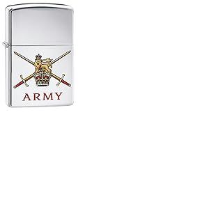 Zippo Briquet de Poche en métal résistant au Vent pour Cigarettes, Cigarettes, cigares, Bougies, Briquet de Poche, écusson de l'armée Britannique Chrome Poli Taille Unique
