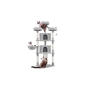 Yaheetech Arbre a Chat G&eacute;ant 193 cm avec Griffoir Arbre &agrave; Chat Design Arbre &agrave; Gratter Tour de Jeux avec 2 Grottes Spacieux 3 Plateformes Planche &agrave; Gratter Gris Clair