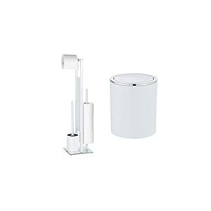 WENKO Serviteur WC Rivalta, Brosse WC et Dérouleur Papier Toilette, Acier INOX Blanc et Verre trempé, 18x70x23 cm & Mini Poubelle Salle de Bain 2L, Poubelle à Couvercle, Inca, Blanc, Ø 14 x 16,8 cm