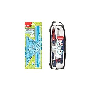 Maped Kit de Traçage INCASSABLE 4 pièces comprenant & Coffret Compas Maped Stop System 3 pièces - Système de Verrouillage Breveté - Compas Mine + Bague Universelle + Étui-Mines - Dès 10 Ans