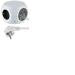 Electraline 62079 Mini Cube Multiprise avec chargeur rapide sans fil, avec 3 ports USB 2,4 A, avec 3 prises avec interrupteur, c&acirc;ble de 1,5 m, blanc
