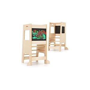 COSTWAY Tour d'apprentissage à partir de 1 an - Marchepied avec 3 hauteurs réglables et tableau noir - Marchepied Montessori en bois - Ustensile de cuisine 2 en 1 - Chaise d'apprentissage pour enfants