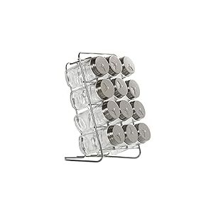 DRW Lot de 12 Pots à épices en Verre et Acier Inoxydable avec Support en métal 14 x 15 x 22 cm 4 x 9,5 cm