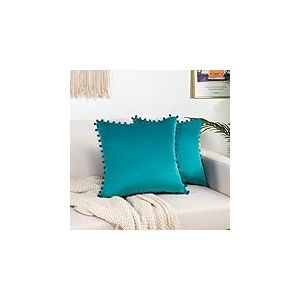 Elegant Comfort POMS Lot de 2 Housses de Coussin carr&eacute;es d&eacute;coratives en Velours Doux de Couleur Unie avec Franges pour canap&eacute;-lit, Salon - 45,7 x 45,7 cm - Turquoise