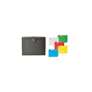 Esselte, Valise de Classement pour Dossiers Suspendus A4, Gris, 11896 + Lot de 15 Dossiers Suspendus avec Onglets & Étiquettes, 100% Carton Recyclé, Coloris Assortis (628808)