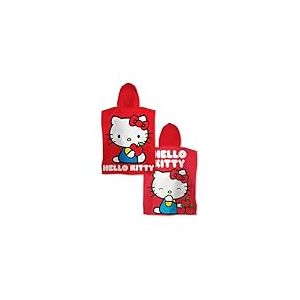 Character World Serviette Poncho à Capuche Officielle Hello Kitty | Toucher Super Doux, Design Coquin, Peignoir à Langer Parfait pour la Maison, Le Bain et la Plage, Rouge, 55 x 50 cm