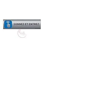 Plaque de porte aluminium brossé imprimé -Dimensions 200 x 50 mm - Double face adhésif au dos - Impression UV directement sur l'aluminium (Pas de contre collage) (Sonnez et entrez)