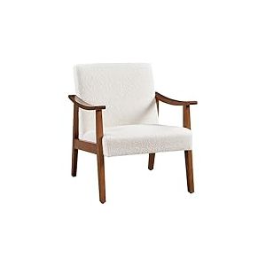 Yaheetech Fauteuil de Salon avec Accoudoirs Courbes Chaise Ergonomique Cadre en Bois d&rsquo;h&eacute;v&eacute;a pour Salon Chambre Salle de S&eacute;jour Bureau 62&times;70&times;74 cm Ivoire