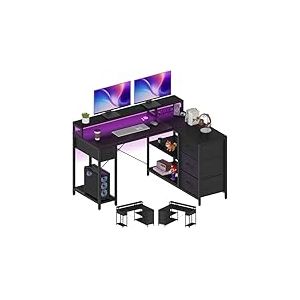 YITAHOME Bureau d'angle réversible en Forme de L avec Port de Charge USB et Prise, avec 4 tiroirs et étagère, Bureau de Jeu avec Support d'écran, 140 x 100 cm, Noir