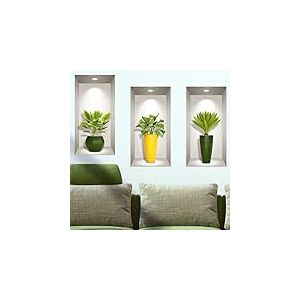Stickers adh&eacute;sifs Effet 3D | Sticker Autocollant Plantes Feuilles de palmiers - Stickers muraux 3D - D&eacute;coration Murale Salon - Autocollant Trompe l'oeil Chambre | 3X 60x30cm
