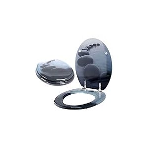 MSV Lunette de WC et abattant noyau en bois MDF avec charnières en acier inoxydable, haute qualité et stable, « Galets » Gris