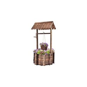 FANTASK Fontaine à souhaits en Bois avec Toit et Seau Suspendu - Pot de Fleurs décoratif en pin Naturel - Décoration de Jardin - 56 x 56 x 114 cm - Naturel