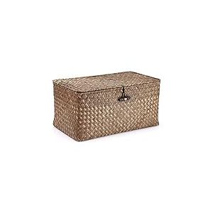 Hipiwe Paniers d'étagère en osier avec couvercle, panier en jonc de mer tissé à la main, paniers de rangement rectangulaires pour étagère, armoire, organiseur de maison, café, taille M