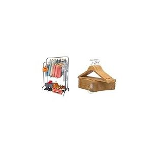 PORTENTUM Portant a vetement en acier Noir Renforc&eacute; avec Roues et Double Barre + 20 Cintres en Bois Massif Naturel avec Crochet Pivotant | Solution Premium de Rangement et de Style