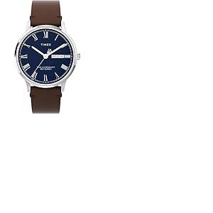Timex Waterbury Montre pour hommes, 40 mm, bracelet en cuir marron &agrave; ouverture rapide, en deux pi&egrave;ces, cadran bleu, bo&icirc;tier en acier inoxydable TW2W14900