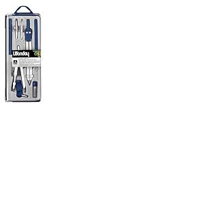 WONDAY - Compas, Coffret 8 pièces Technique Ballustre avec tire-ligne + pointe sèche, 1 bague d'attache universelle, 1 manche porte tire-ligne, 1 tire-ligne métal, 1 étui de 1 mine de rechange