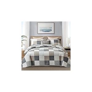 Finlonte Parure de lit 3 pièces à Carreaux 100% Coton pour très Grand lit – Couvre-lit réversible léger – Couvre-lit matelassé pour Toutes Les Saisons – Couvre-lit matelassé Gris Marron Blanc pour