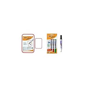 BIC Velleda Tableau Double Face Effaçable à Sec (30x44 cm), Bordure Rouge, Lot de 1 & 1701 ECOlutions Feutres pour Tableau Blanc Effaçables à Sec à Pointe Conique Moyenne - Blister Format Spécial de 4