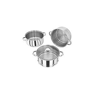Judge Essentials Cuiseur vapeur &agrave; 3 &eacute;tages en acier inoxydable 24 cm, couvercle en verre ventil&eacute;, cocotte int&eacute;grale, passe au four, compatible induction