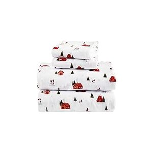 Comfort Spaces Parure de lit 4 pièces en Flanelle 100% Coton Ultra Douce et Confortable avec Poche élastique de 35,6 cm pour Matelas jusqu'à 40,6 cm, literie en Flanelle Chaude, Motif Village de Noël