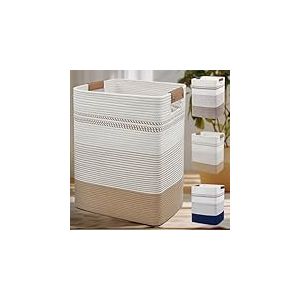 DOFASAYI Panier &agrave; linge &ndash; Grand panier &agrave; linge avec poign&eacute;es en cuir &ndash; Panier de rangement d&eacute;coratif pour couvertures &ndash; Panier &agrave; v&ecirc;tements pour salon, chambre &agrave; coucher, jute et blanc, 85 l