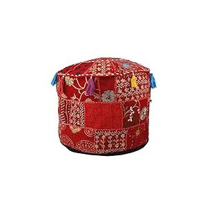 Aakriti Pouf Indien avec Broderie, Coton Indien, Couverture d'Ottoman avec Décor Ethnique - Couverture (Rouge, 46x33 cm)